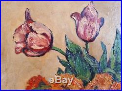 French oil original painting still life flowers 1958 signed vintage antique 2