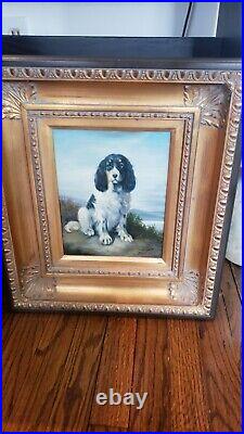 Gold Baroque Frame Vintage Original Oil on Canvas Spaniard dog signed Harris
