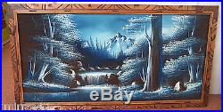 Gorgeous Vintage Estate Winter Lake Mountain Signed Oil Painting On Velvet