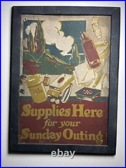 Great Vtg/ Antique Hand Painted PA Advertisement Sign Supplies Sunday Outings