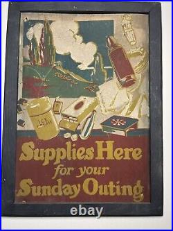 Great Vtg/ Antique Hand Painted PA Advertisement Sign Supplies Sunday Outings