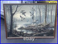 HUGE Letterman Vintage Retro 70s 80s Signed Painting 63 x 43 Duck Geese Flight