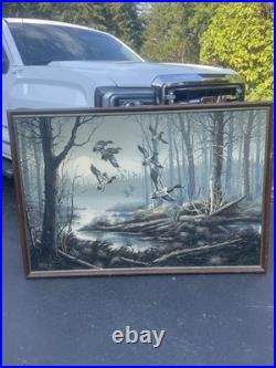 HUGE Letterman Vintage Retro 70s 80s Signed Painting 63 x 43 Duck Geese Flight