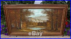 HUGE Signed ALMON Vintage Mountain Lake Autumn Landscape Canvas Oil Painting