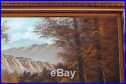 HUGE Signed ALMON Vintage Mountain Lake Autumn Landscape Canvas Oil Painting