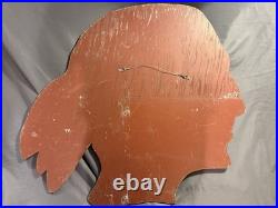 HUGE Vintage Folk Art Painted Wooden Native Indian Head Advertising Sign