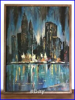 HUGE Vintage MID-CENTURY Modern ABSTRACT Cityscape OIL PAINTING Chicago SKYLINE