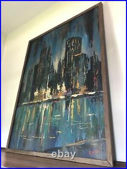 HUGE Vintage MID-CENTURY Modern ABSTRACT Cityscape OIL PAINTING Chicago SKYLINE
