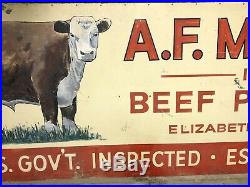 HUGE Vintage Painted Metal AF MOYER BEEF PACKERS 12' Sign Cow HEREFORD Cattle