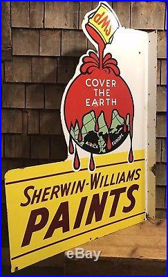 HUGE Vintage SHERWIN WILLIAMS Paints Die Cut Porcelain Flange Sign 48x33 DEAL