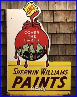 HUGE Vintage SHERWIN WILLIAMS Paints Die Cut Porcelain Flange Sign 48x33 DEAL