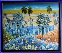 Haitian Art Vintage Oil Painting Canvas 1986 Signed Emile Luis Haiti Art