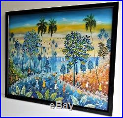 Haitian Art Vintage Oil Painting Canvas 1986 Signed Emile Luis Haiti Art