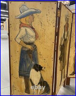 Hand Painted Signed Cowgirl Western Room Divider Screen Four Panel Adirondack