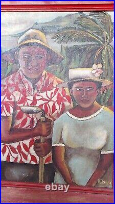 Hawaiin Polynesian Art Painting Vintage 16x20 Framed Signed Rare 1947