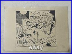 JOE SHUSTER painting DRAWING on old paper signed stamped vintage