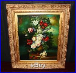 J. Carot Vintage Still Life Floral 33x29 Framed Oil on Canvas Painting, Signed