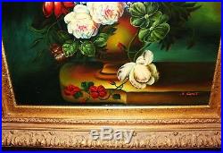 J. Carot Vintage Still Life Floral 33x29 Framed Oil on Canvas Painting, Signed