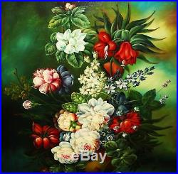 J. Carot Vintage Still Life Floral 33x29 Framed Oil on Canvas Painting, Signed