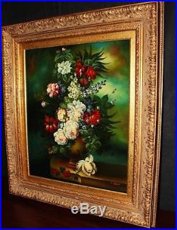 J. Carot Vintage Still Life Floral 33x29 Framed Oil on Canvas Painting, Signed