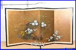 Japanese VTG Chinese 4 Panel Folding Screen Byobu Painted 72x36 atq Gold Signed