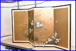 Japanese VTG Chinese 4 Panel Folding Screen Byobu Painted 72x36 atq Gold Signed