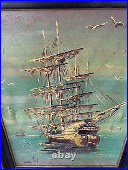 Julio Carballosa Vintage Original Art Painting Oil On Canvas Ship Signed 21X27
