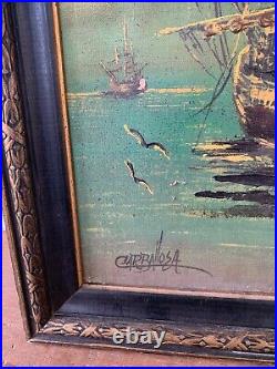 Julio Carballosa Vintage Original Art Painting Oil On Canvas Ship Signed 21X27