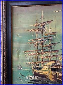 Julio Carballosa Vintage Original Art Painting Oil On Canvas Ship Signed 21X27