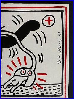 Keith Haring Painting on Canvas Rare 87, Signed Stamped Vintage