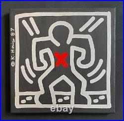 Keith Haring Painting on Vintage Unique Canvas SIGNED NYC POP SHOP