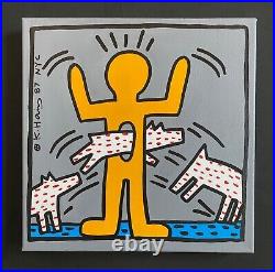 Keith Haring Painting on Vintage Unique Canvas SIGNED NYC POP SHOP