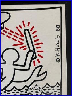 Keith Haring Painting on Vintage Unique Canvas SIGNED NYC POP SHOP