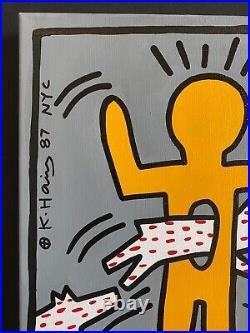 Keith Haring Painting on Vintage Unique Canvas SIGNED NYC POP SHOP