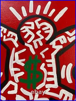 Keith Haring Painting on Vintage Unique Canvas SIGNED NYC POP SHOP