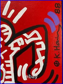 Keith Haring Painting on Vintage Unique Canvas SIGNED NYC POP SHOP