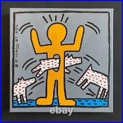 Keith Haring Painting on Vintage Unique Canvas SIGNED NYC POP SHOP