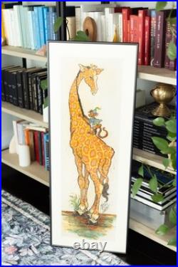 Kristin Schuyler Original Ink & Watercolor Giraffe Monkey Art Signed Framed VTG