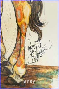 Kristin Schuyler Original Ink & Watercolor Giraffe Monkey Art Signed Framed VTG