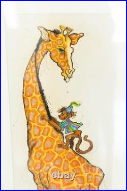 Kristin Schuyler Original Ink & Watercolor Giraffe Monkey Art Signed Framed VTG
