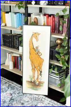 Kristin Schuyler Original Ink & Watercolor Giraffe Monkey Art Signed Framed VTG