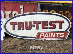 LARGE ORIGINAL Vintage TRU-TEST PAINTS Sign EMBOSSED OLD Big Barn Hanger PATINA