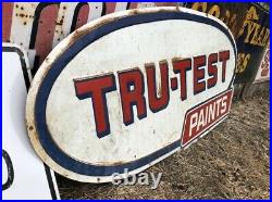 LARGE ORIGINAL Vintage TRU-TEST PAINTS Sign EMBOSSED OLD Big Barn Hanger PATINA
