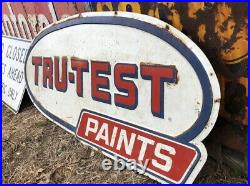LARGE ORIGINAL Vintage TRU-TEST PAINTS Sign EMBOSSED OLD Big Barn Hanger PATINA