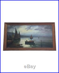 LARGE Original Vintage Nautical Boats / Fisherman Seascape Signed Oil Painting