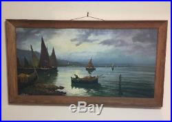 LARGE Original Vintage Nautical Boats / Fisherman Seascape Signed Oil Painting