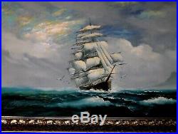 LARGE VINTAGE ORIGINAL Signed Oil Painting Ocean Clipper Ship Birds Seascape