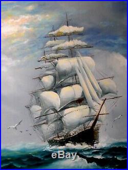 LARGE VINTAGE ORIGINAL Signed Oil Painting Ocean Clipper Ship Birds Seascape