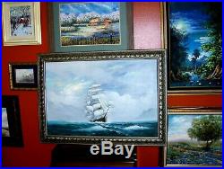 LARGE VINTAGE ORIGINAL Signed Oil Painting Ocean Clipper Ship Birds Seascape