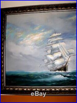 LARGE VINTAGE ORIGINAL Signed Oil Painting Ocean Clipper Ship Birds Seascape